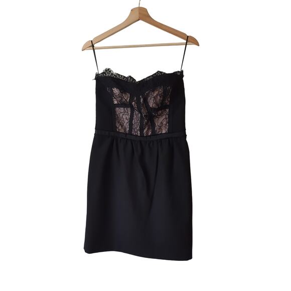 Rebecca Taylor Bustier Dress Womens 4 Black Nude Lace Mini Strapless Wool Corset - Picture 2 of 9
